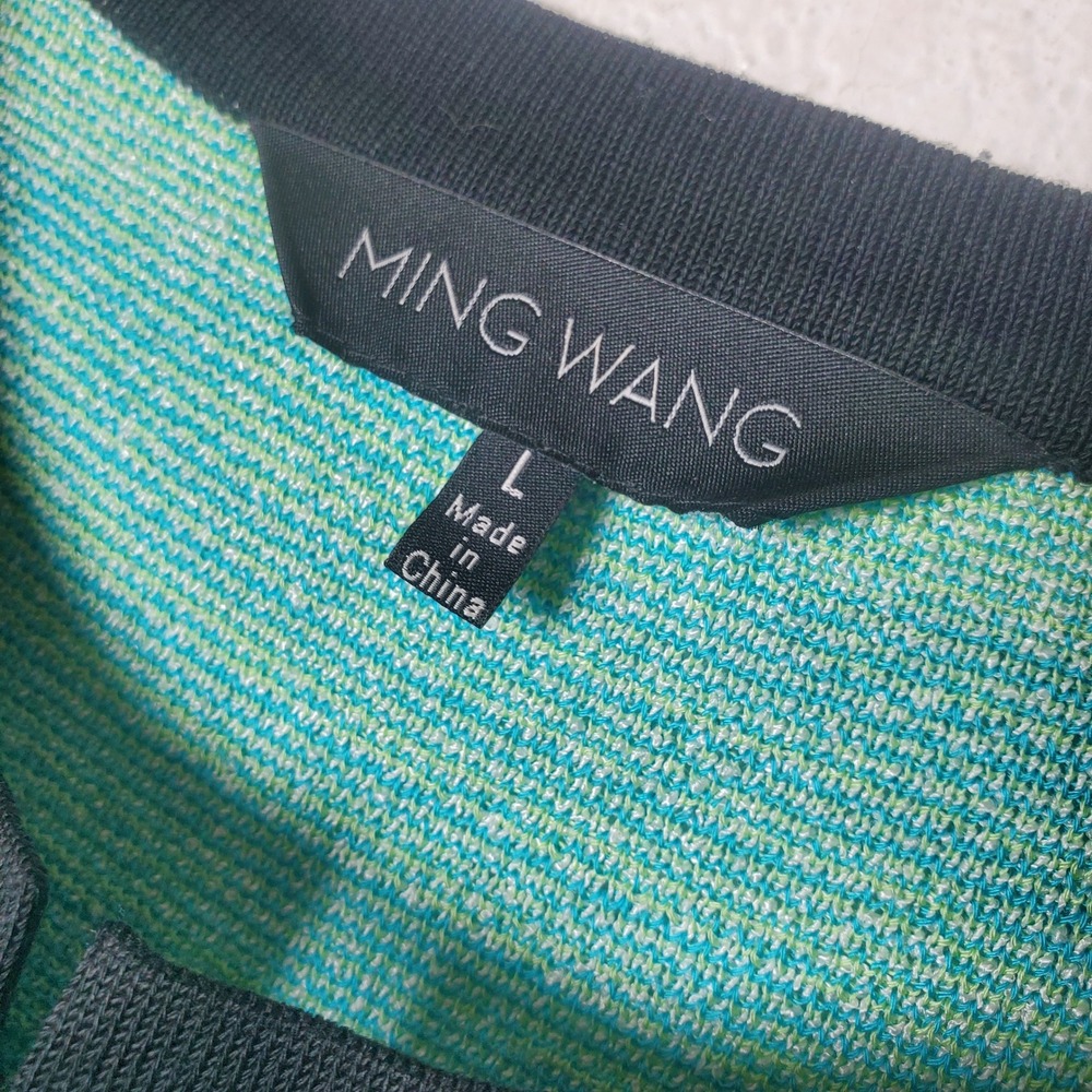 Ming Wang Sweater Knit Jacket Blazer Green Turquoise Striped Open Front Large - Picture 11 of 13